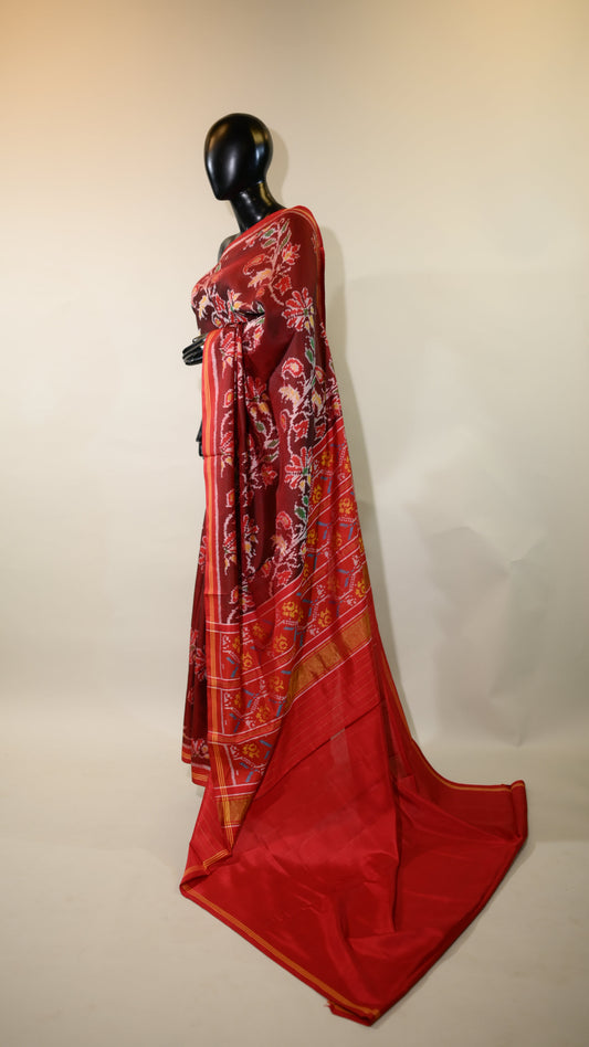 Maroon & red Mulberry Silk Patola Ikat Saree