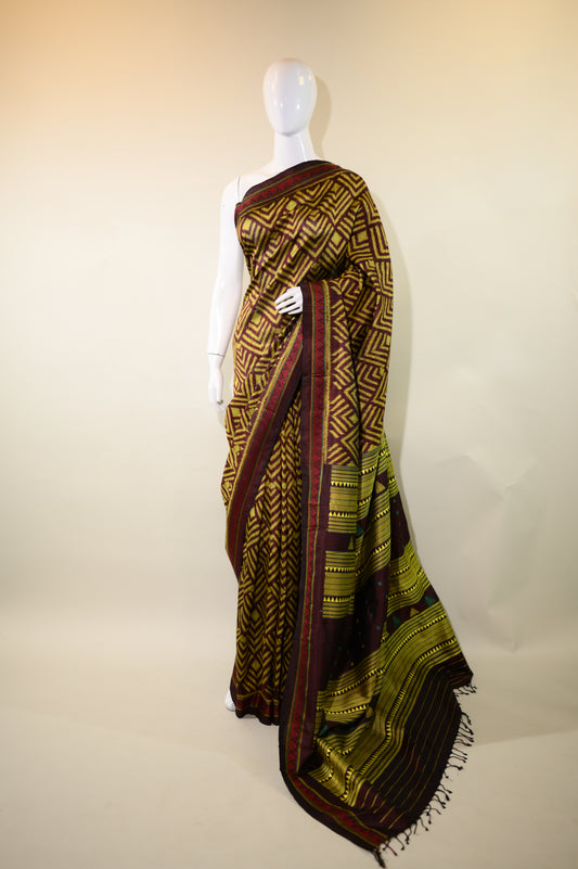 Dark Brown & Yellow Mulberry Silk Odisha Ikat Saree with Zig-Zag Border