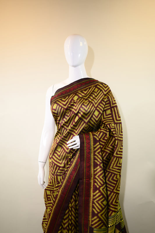 Dark Brown & Yellow Mulberry Silk Odisha Ikat Saree with Zig-Zag Border