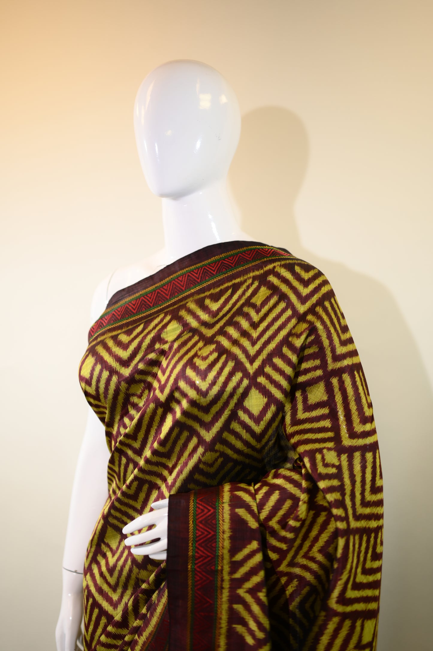 Dark Brown & Yellow Mulberry Silk Odisha Ikat Saree with Zig-Zag Border