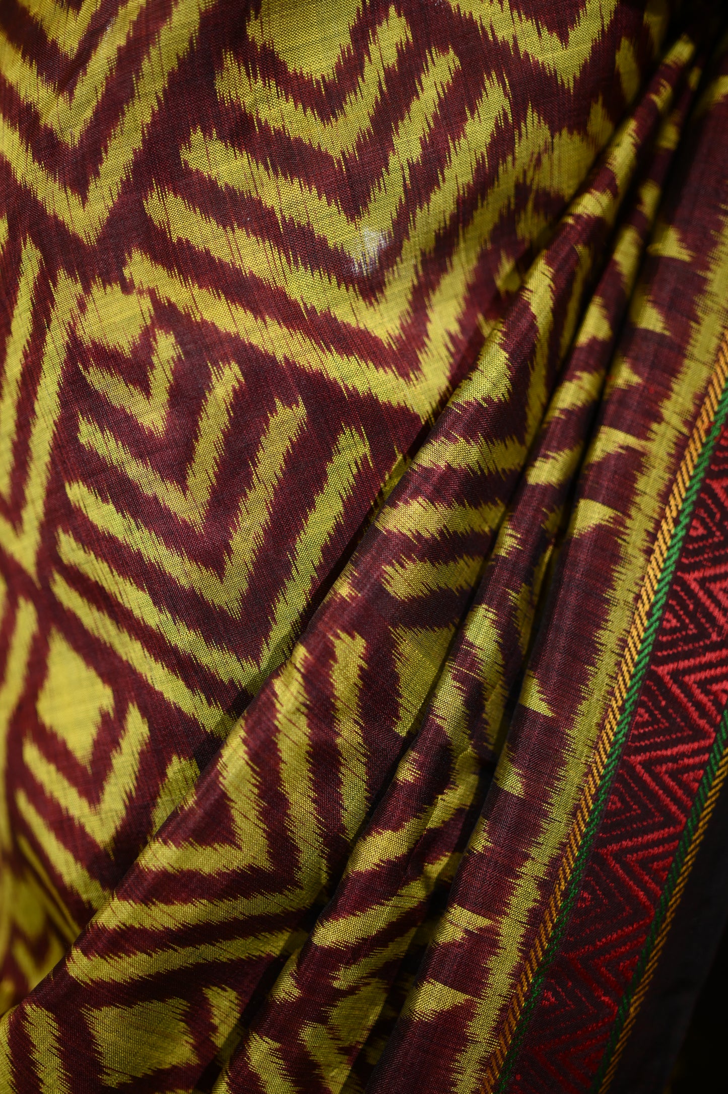 Dark Brown & Yellow Mulberry Silk Odisha Ikat Saree with Zig-Zag Border