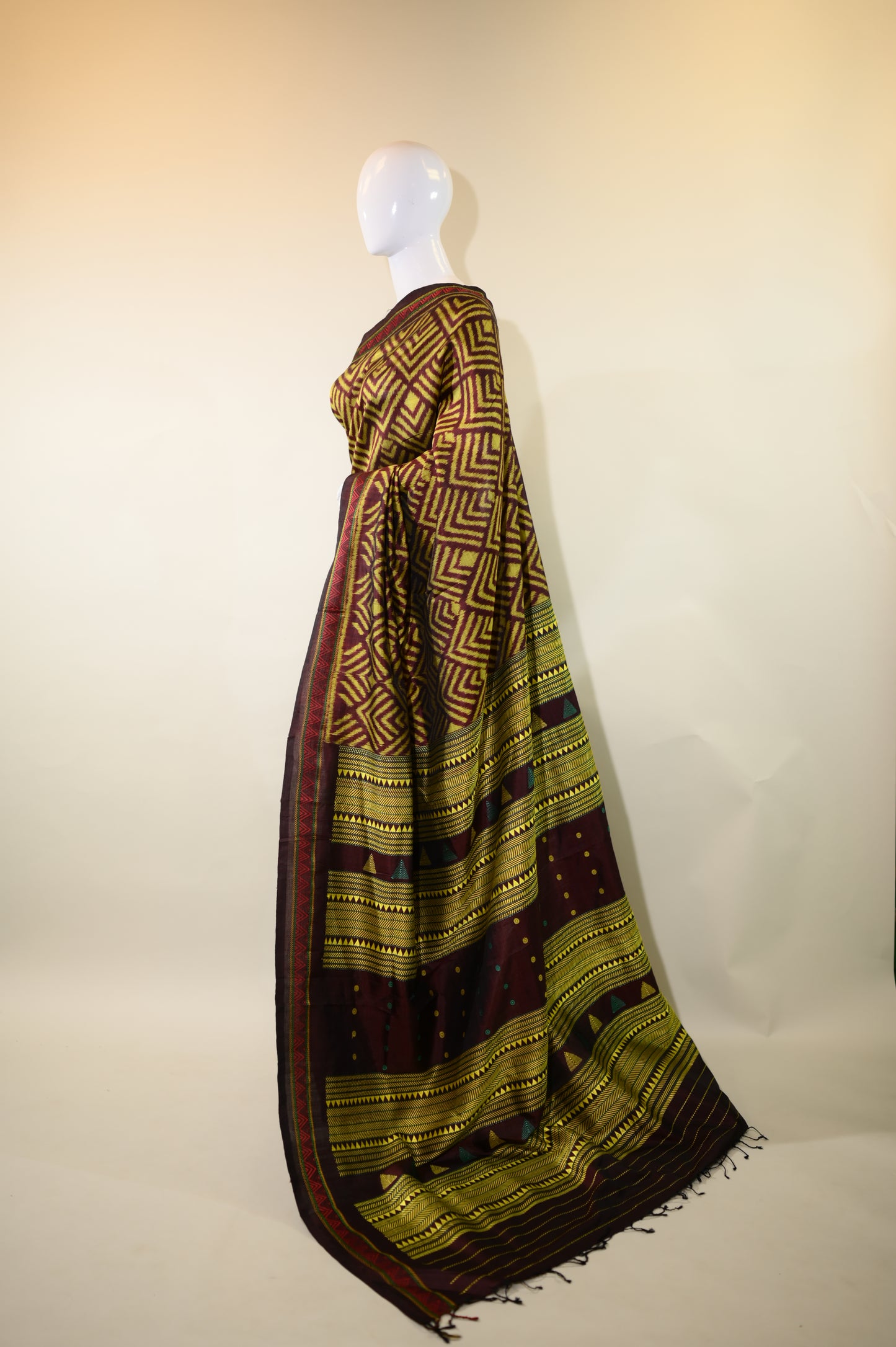 Dark Brown & Yellow Mulberry Silk Odisha Ikat Saree with Zig-Zag Border