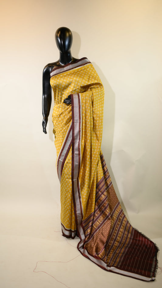 Dark Yellow & Brown Mulberry Silk Odisha Ikat Saree