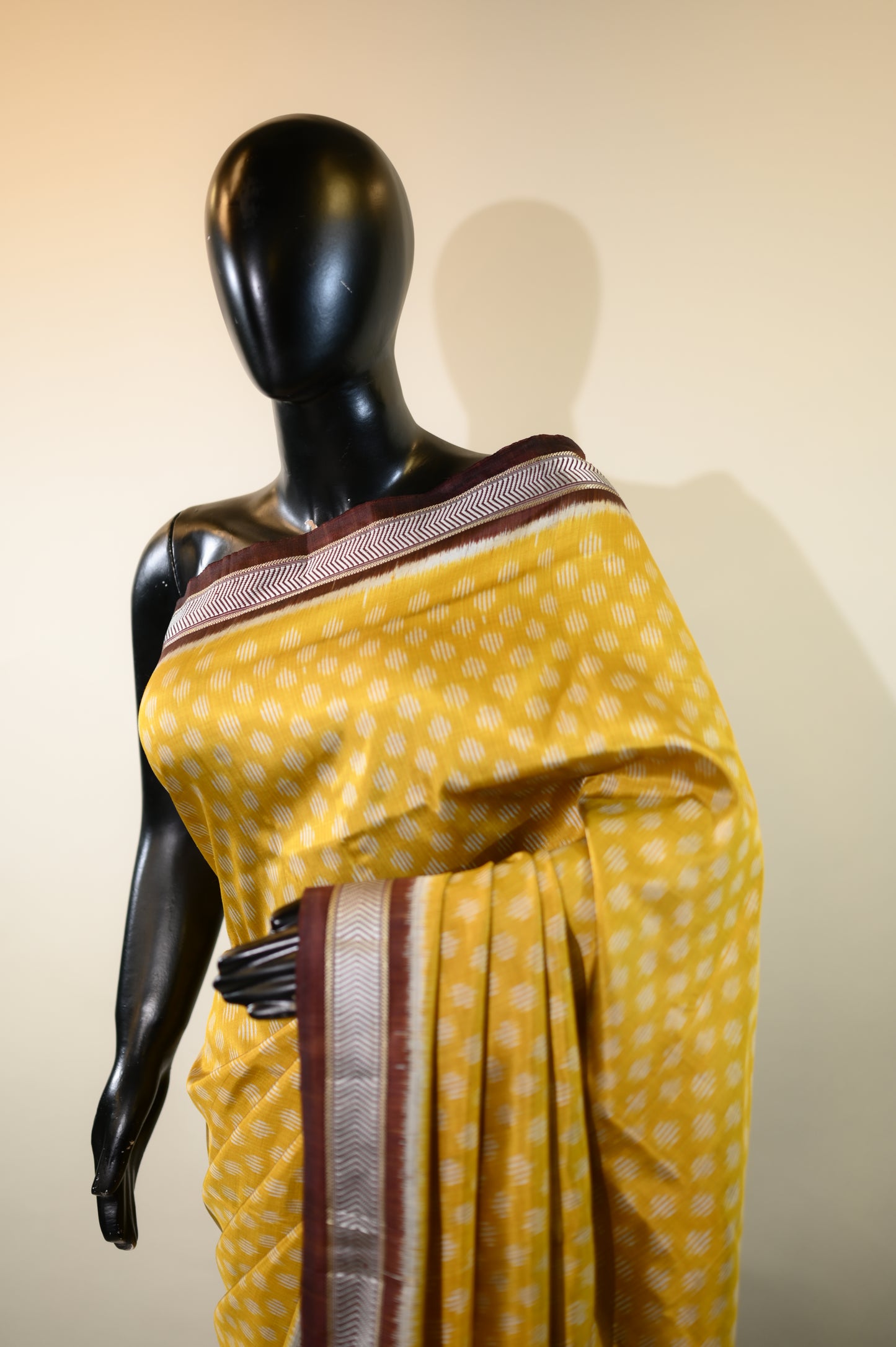 Dark Yellow & Brown Mulberry Silk Odisha Ikat Saree