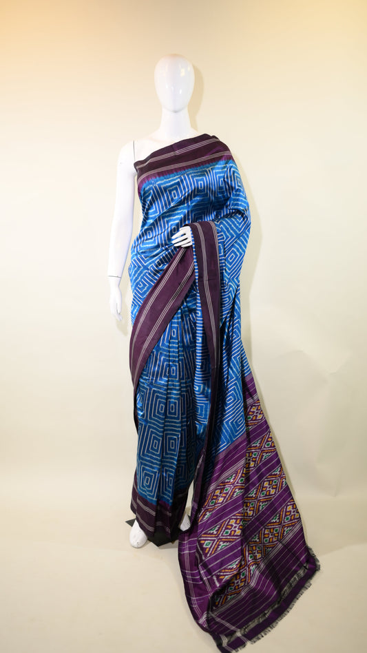 Electric Blue & Indigo Mulberry Silk Pochampally Ikat Saree