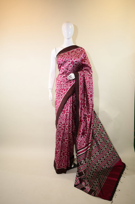 Magenta & Brown Mulberry Silk Odisha Ikat Saree