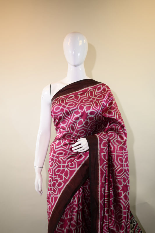 Magenta & Brown Mulberry Silk Odisha Ikat Saree