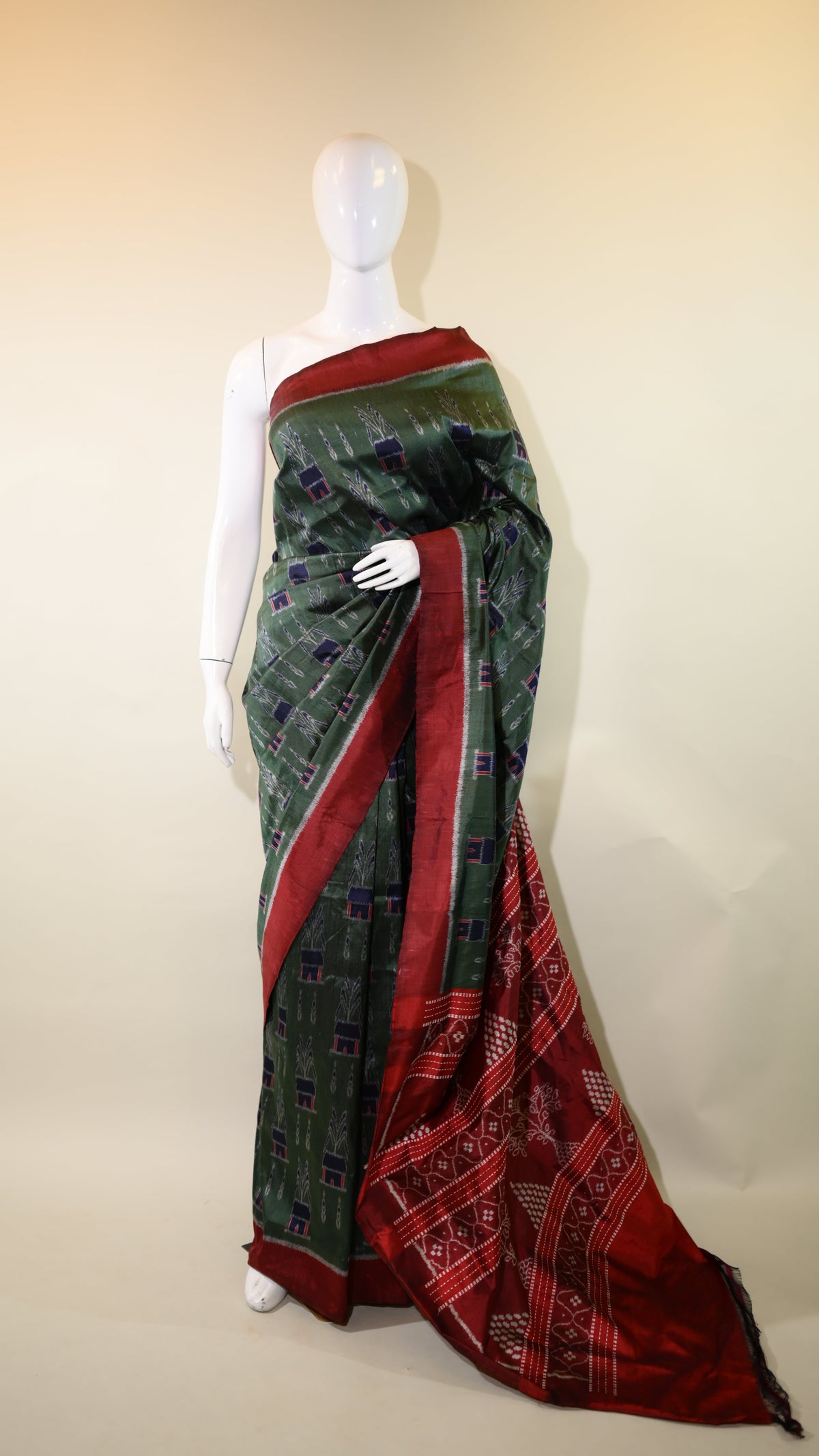 Dark Sap Green & Maroon Mulberry Silk  Odisha Ikat Sarees