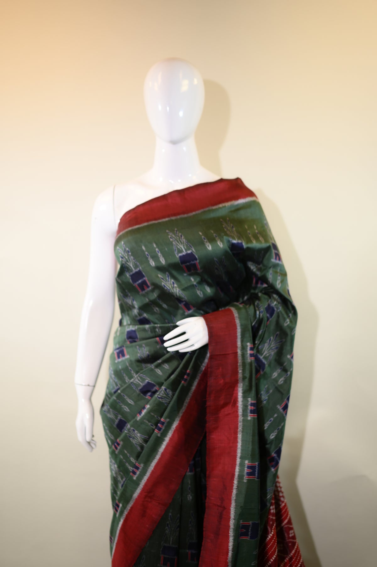 Dark Sap Green & Maroon Mulberry Silk  Odisha Ikat Sarees