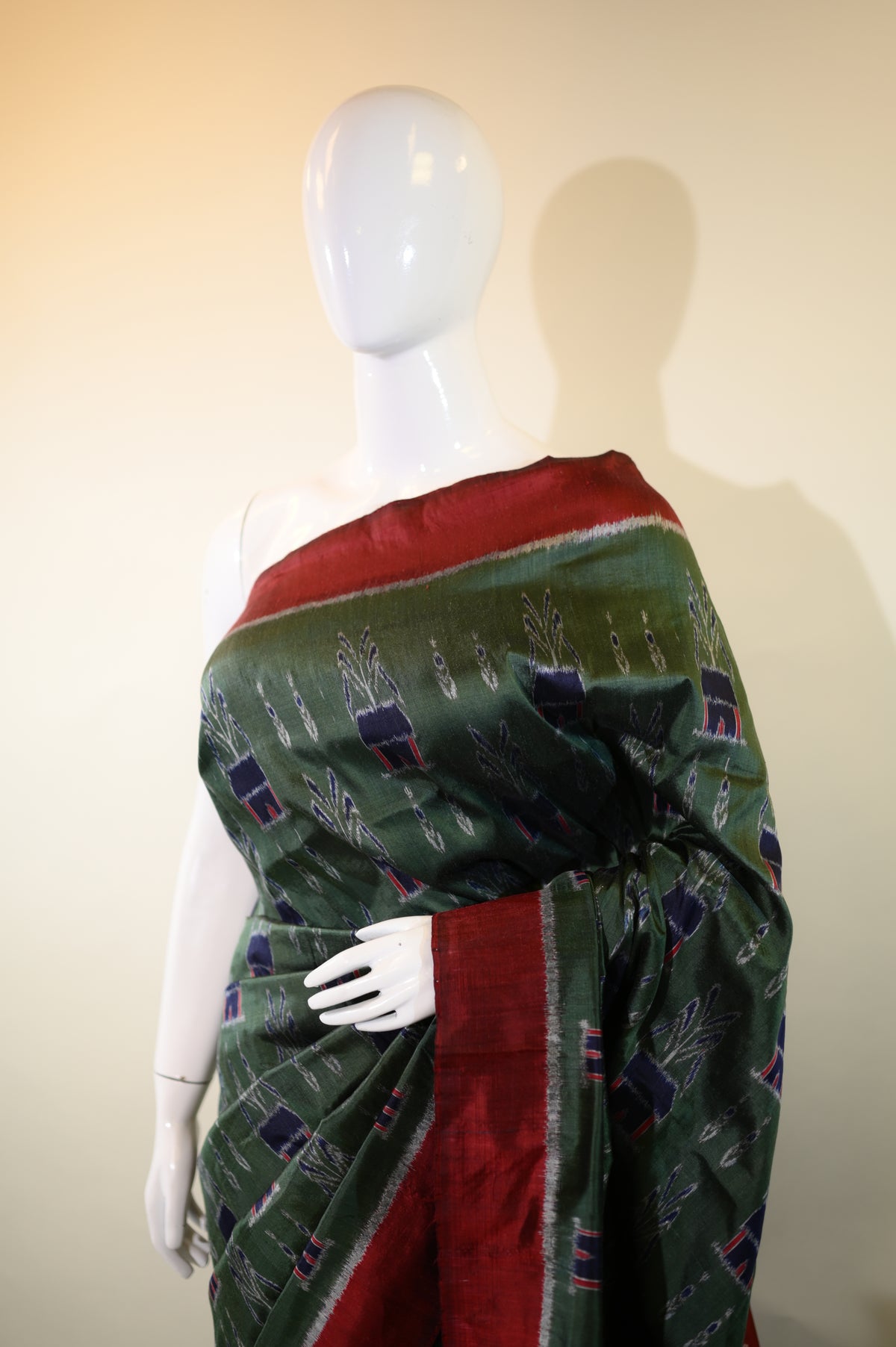 Dark Sap Green & Maroon Mulberry Silk  Odisha Ikat Sarees