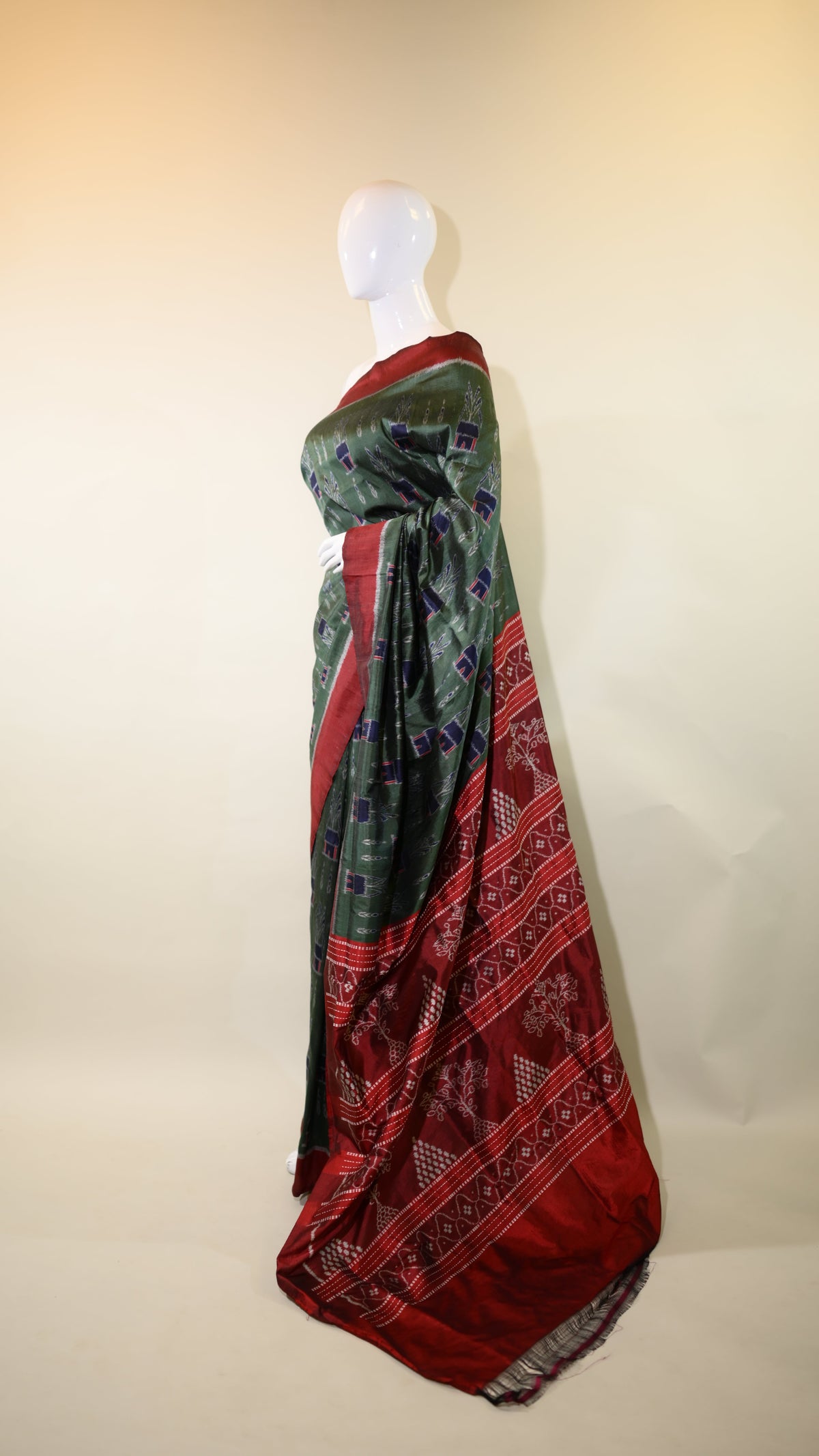 Dark Sap Green & Maroon Mulberry Silk  Odisha Ikat Sarees