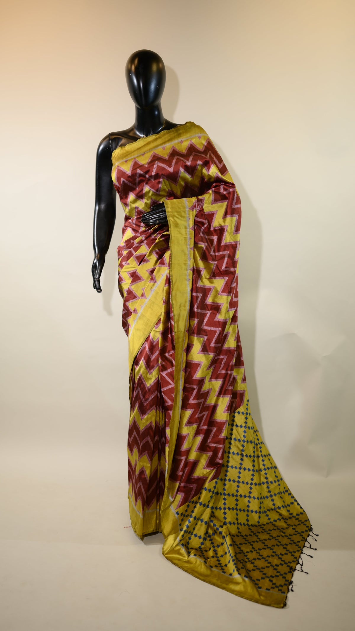Yellow and Brown Mulberry Silk Chevron Motif Odisha Ikat Saree