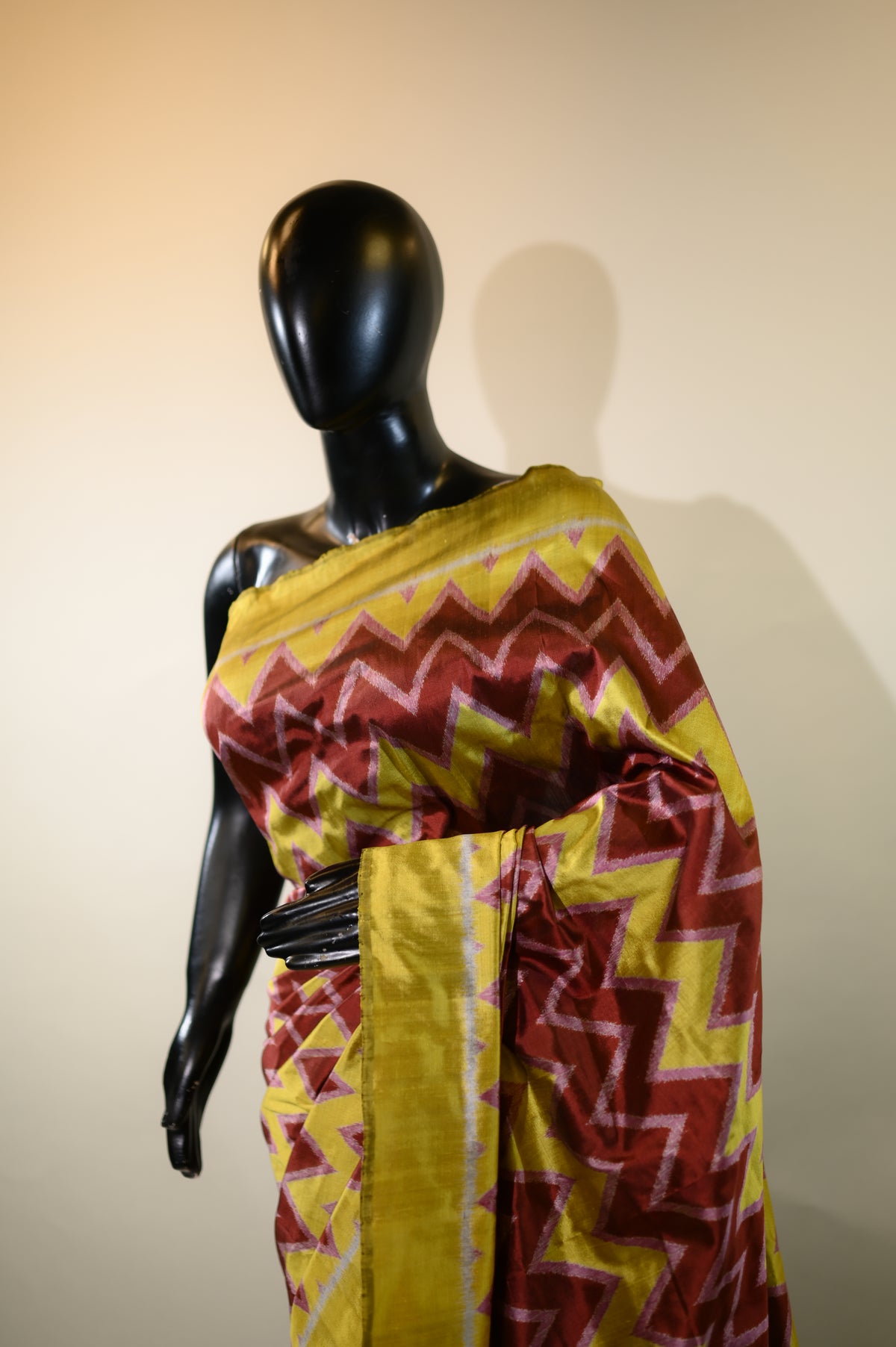 Yellow and Brown Mulberry Silk Chevron Motif Odisha Ikat Saree
