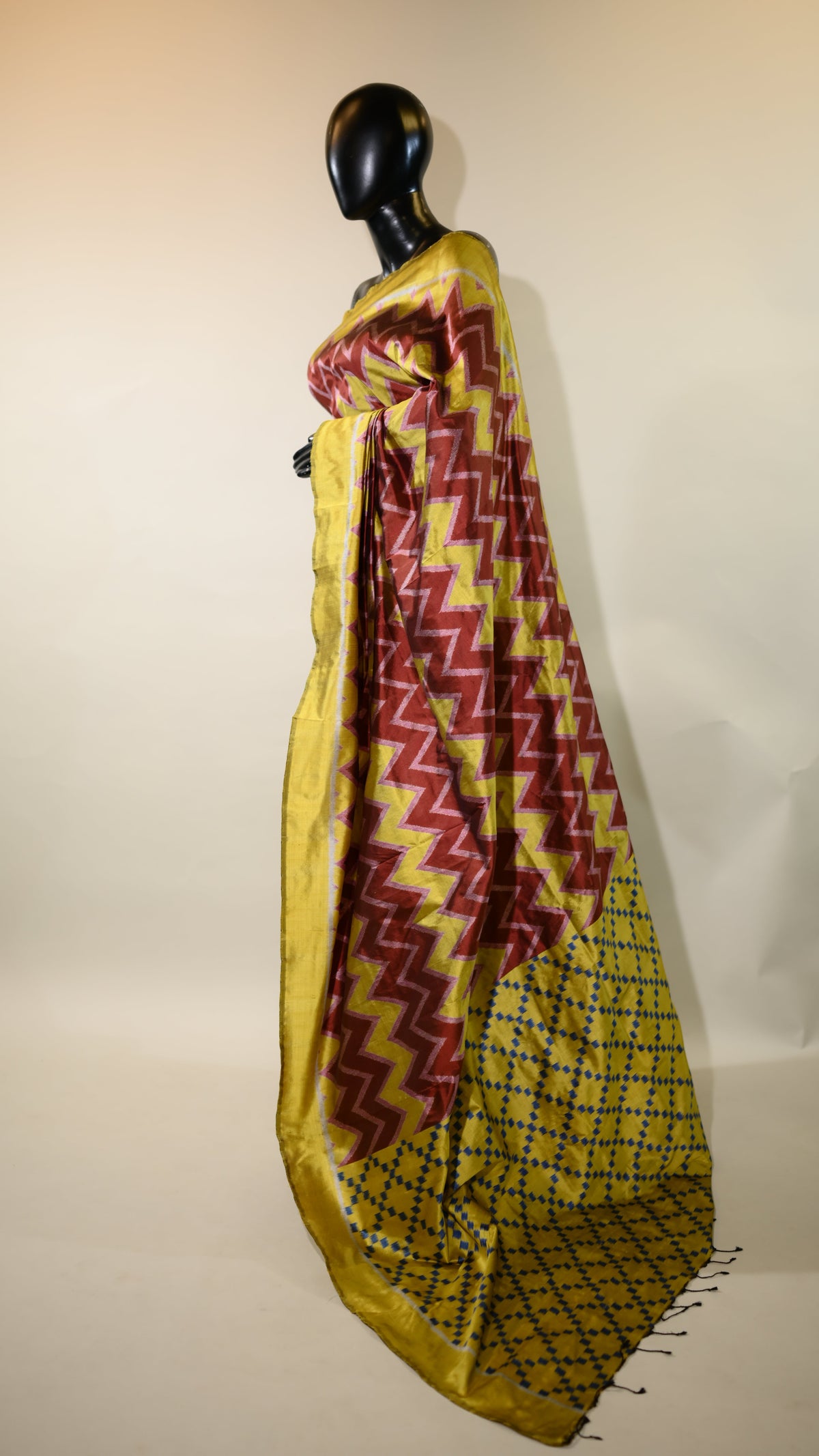 Yellow and Brown Mulberry Silk Chevron Motif Odisha Ikat Saree