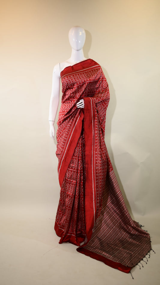 Maroon Mulberry Silk Odisha Ikat Saree