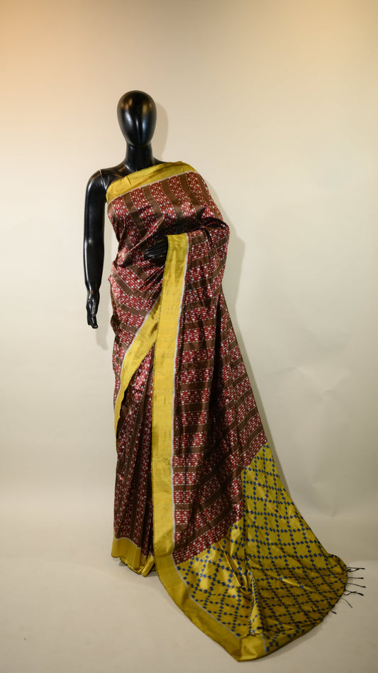 Reddish Brown & Yellow Mulberry Silk Odisha Ikat Saree