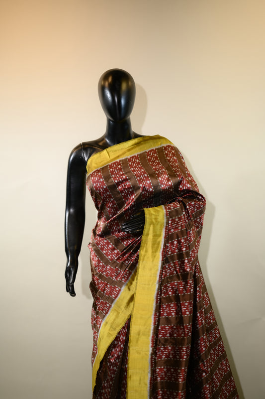 Reddish Brown & Yellow Mulberry Silk Odisha Ikat Saree