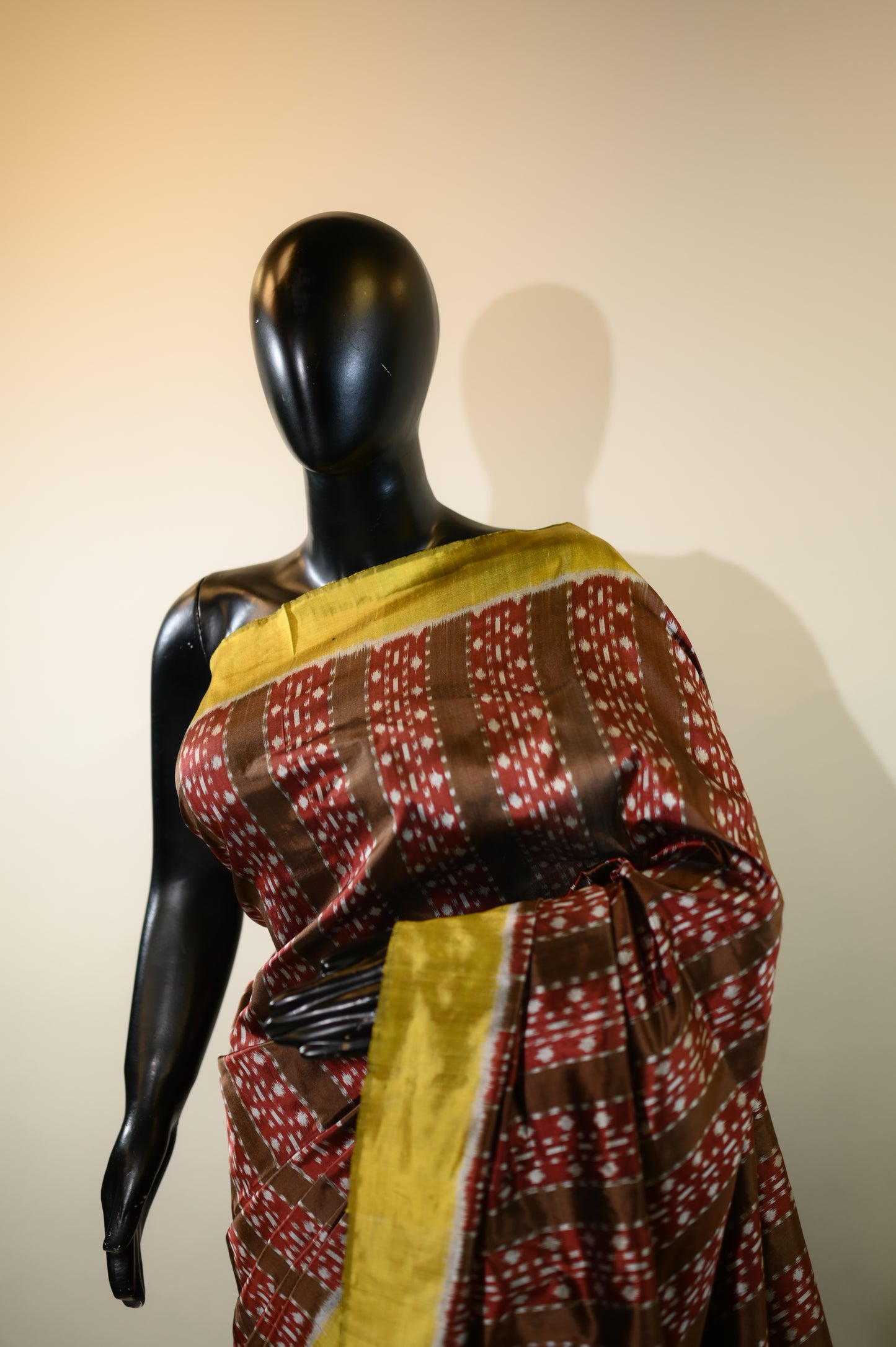 Reddish Brown & Yellow Mulberry Silk Odisha Ikat Saree