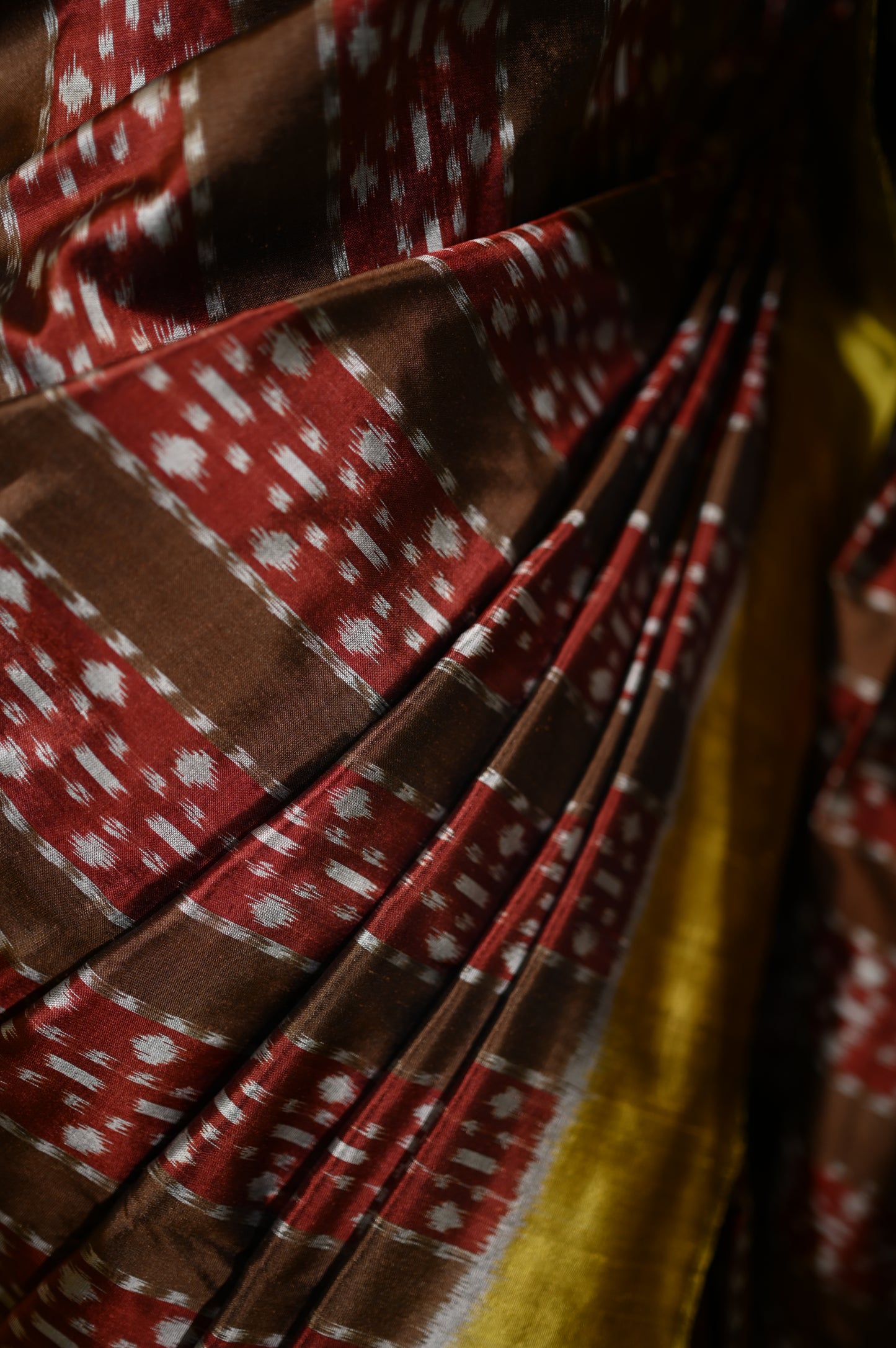 Reddish Brown & Yellow Mulberry Silk Odisha Ikat Saree