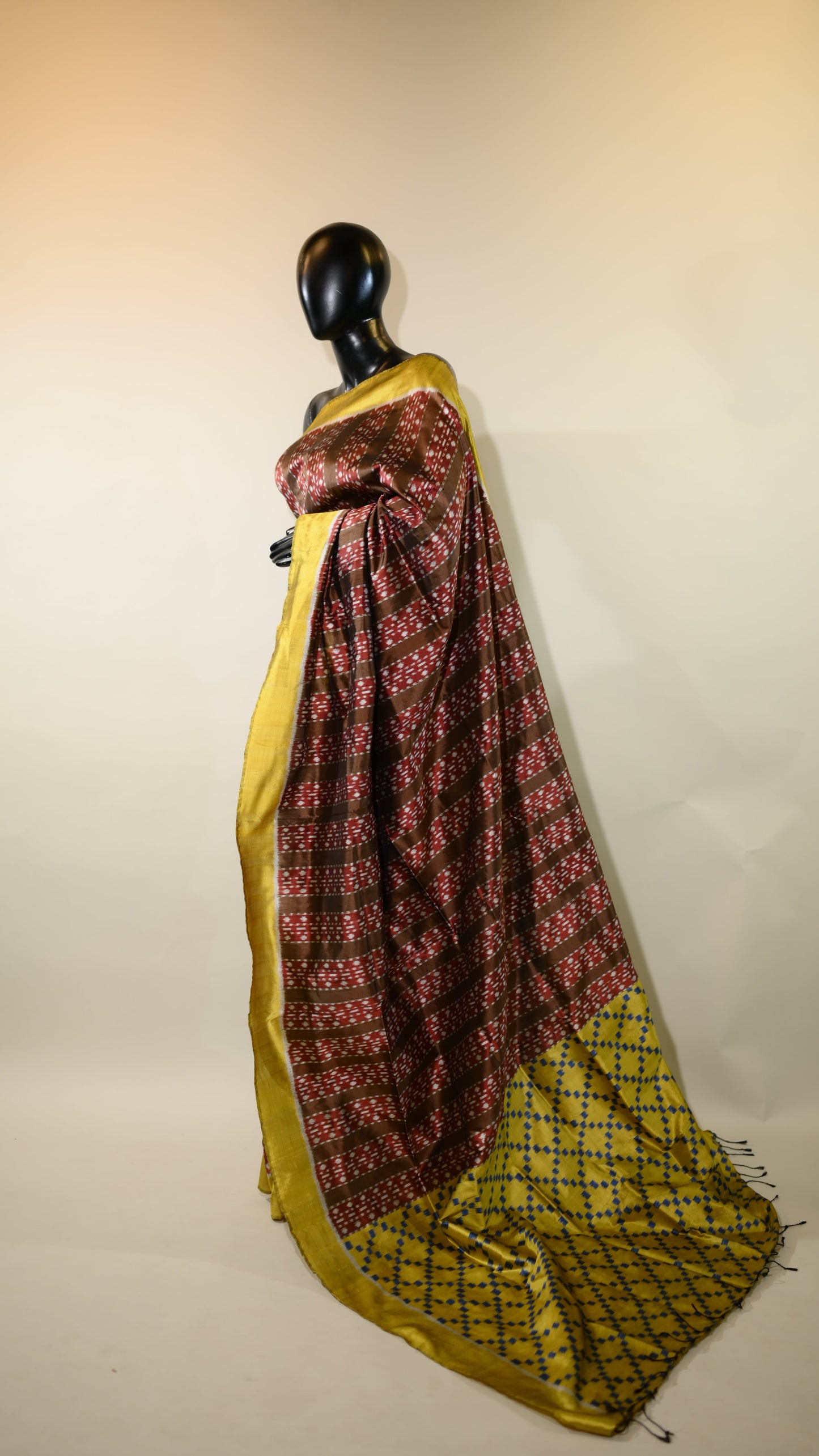 Reddish Brown & Yellow Mulberry Silk Odisha Ikat Saree