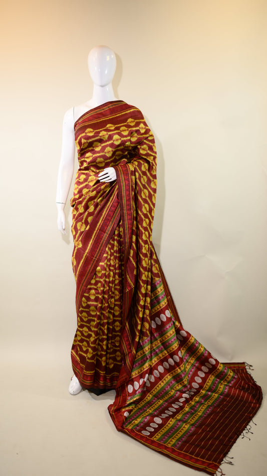 Maroon & Orangish Yellow Mulberry Silk Odisha Ikat Saree