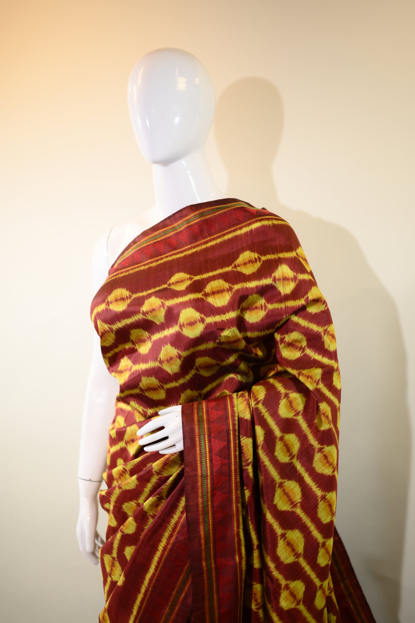 Maroon & Orangish Yellow Mulberry Silk Odisha Ikat Saree