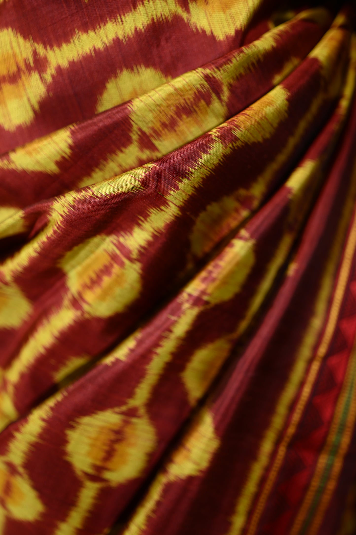 Maroon & Orangish Yellow Mulberry Silk Odisha Ikat Saree