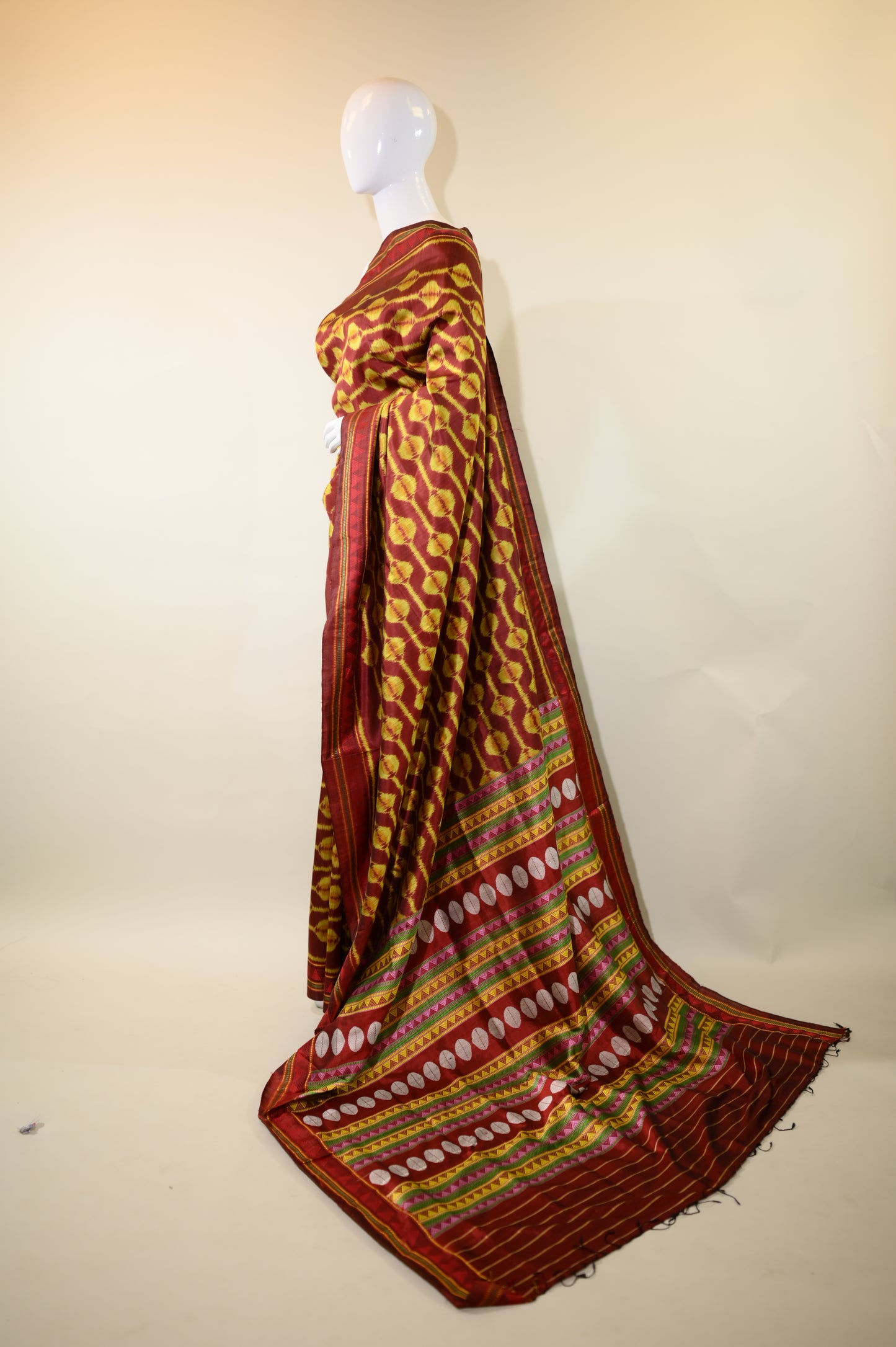 Maroon & Orangish Yellow Mulberry Silk Odisha Ikat Saree