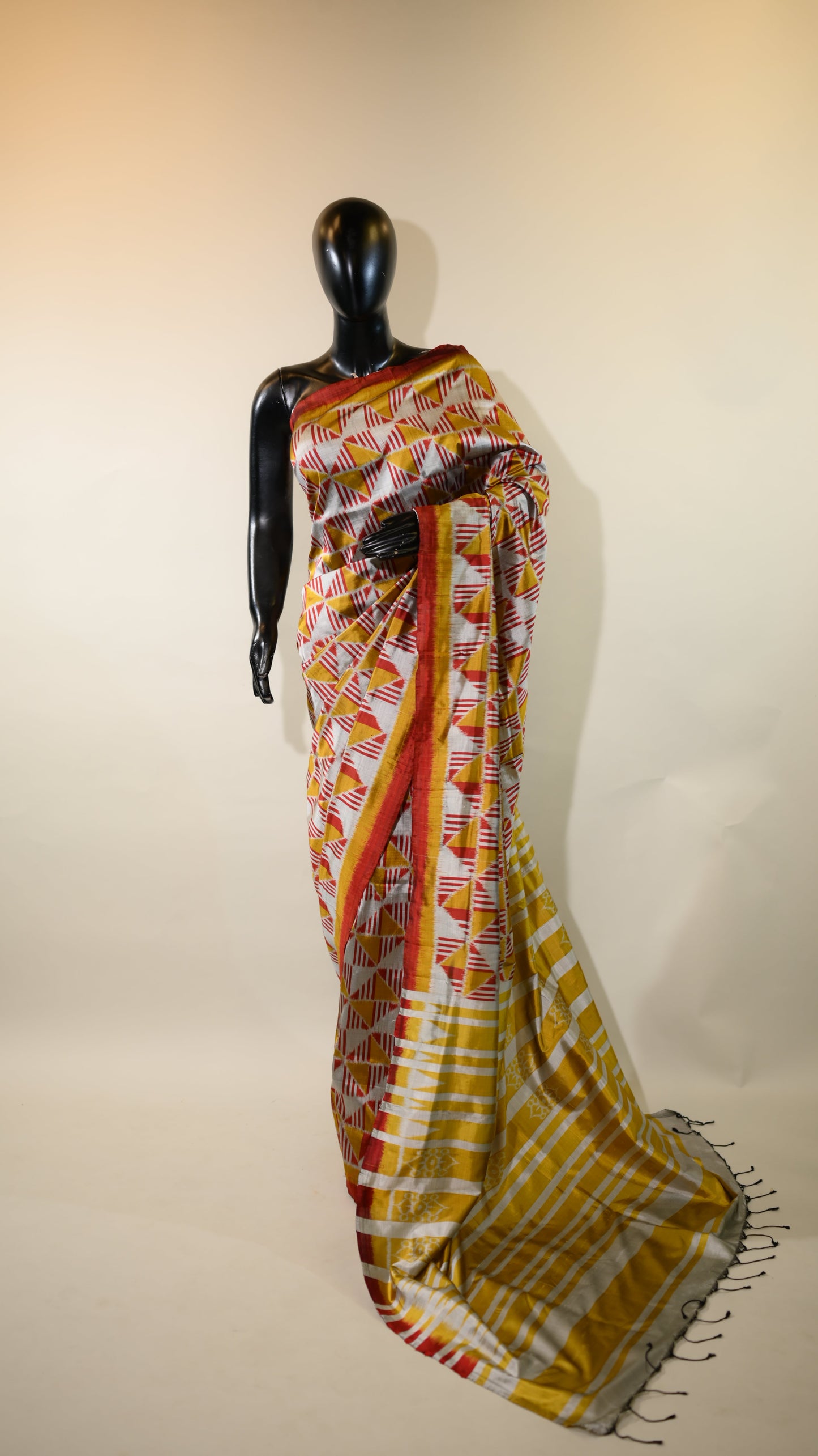 Golden & Silver With Red Mulberry Silk Odisha Ikat Saree