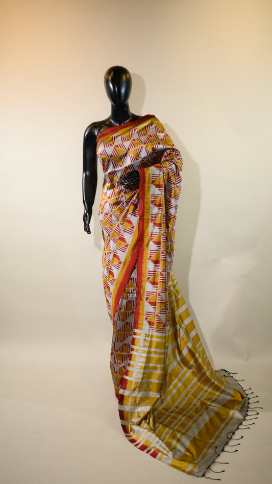 Golden & Silver With Red Mulberry Silk Odisha Ikat Saree