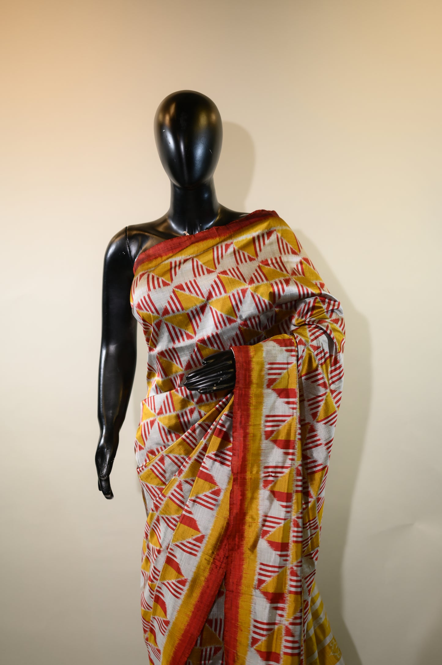 Golden & Silver With Red Mulberry Silk Odisha Ikat Saree