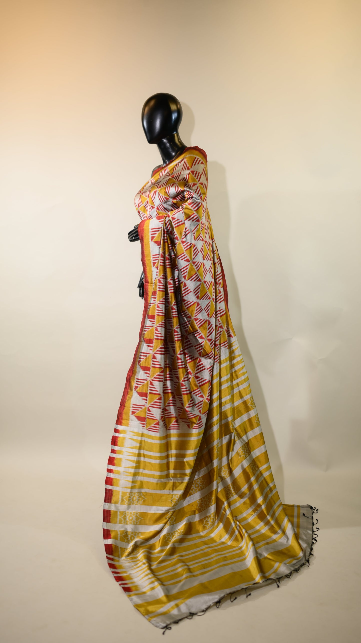 Golden & Silver With Red Mulberry Silk Odisha Ikat Saree