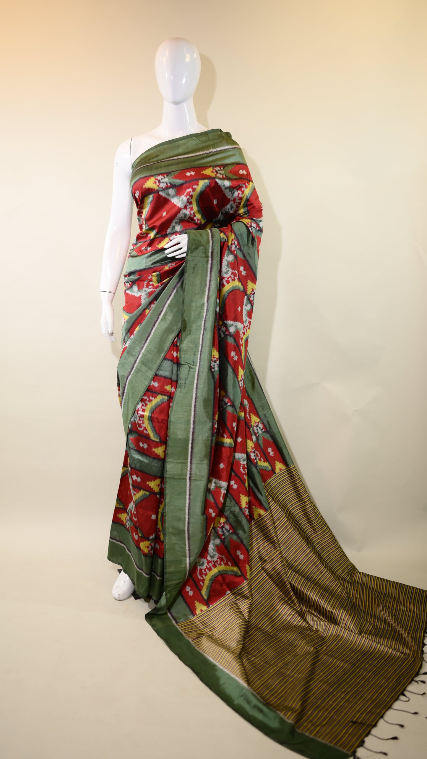 Maroon & Green Mulberry Silk Odisha Ikat Saree