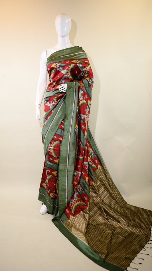 Maroon & Green Mulberry Silk Odisha Ikat Saree