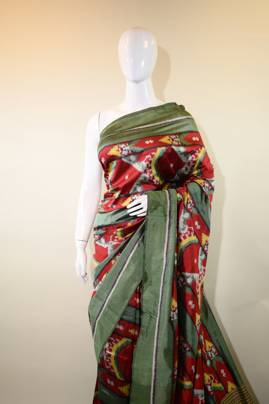 Maroon & Green Mulberry Silk Odisha Ikat Saree