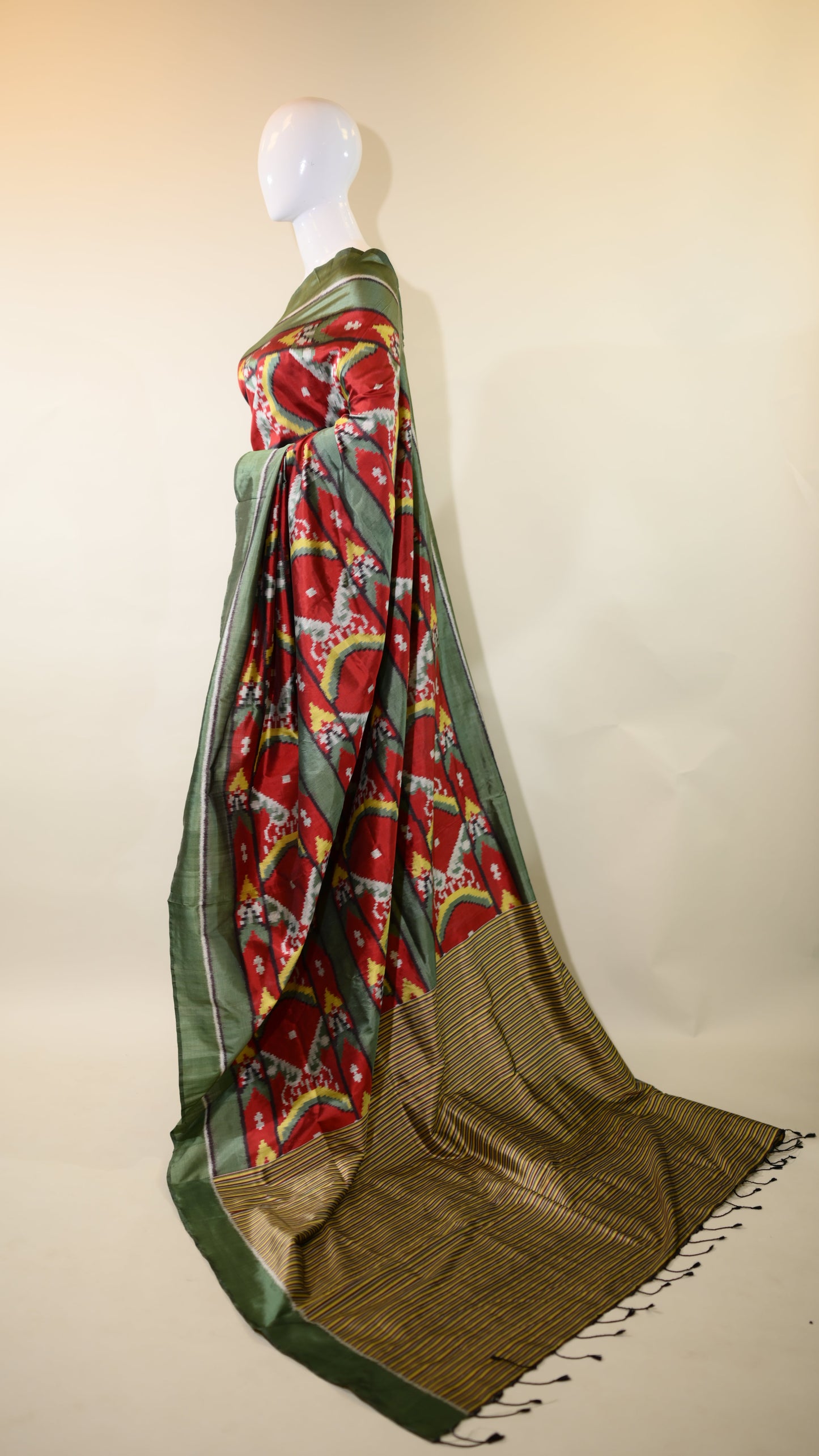 Maroon & Green Mulberry Silk Odisha Ikat Saree