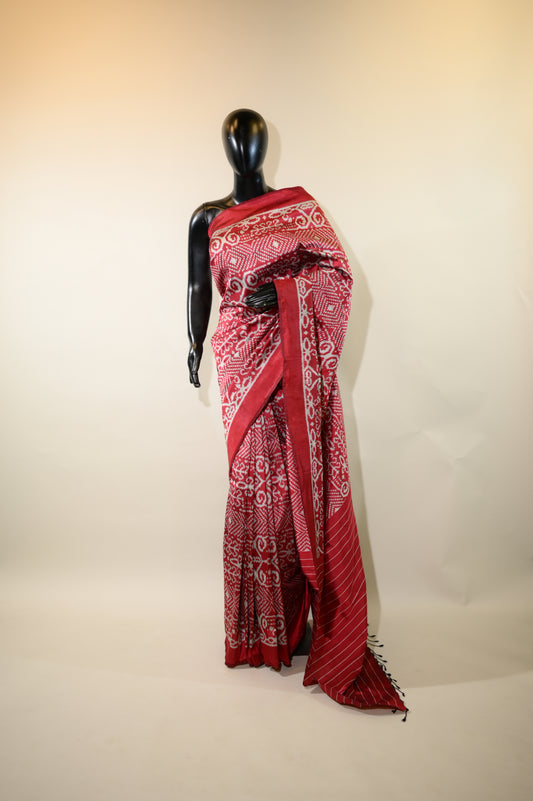 Maroon & Silver Mulberry Silk Odisha Ikat Saree