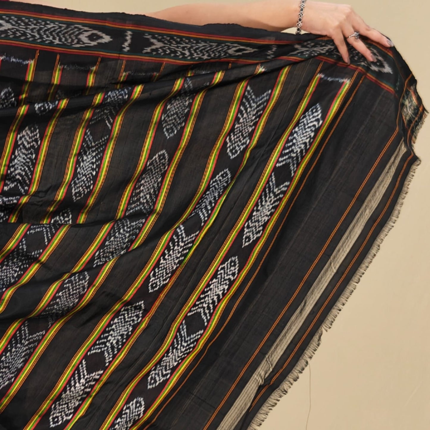 Black Mulberry Silk Square Motif Pochampally Ikat Saree With Fish Border