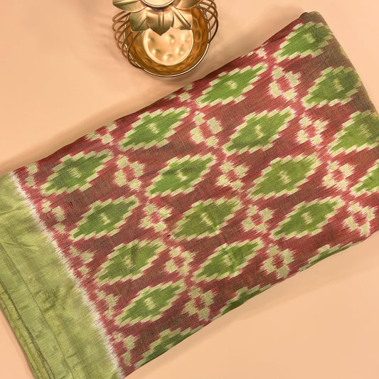 Dark Pink and Green Mulberry Silk Pochampally Ikat Fabric