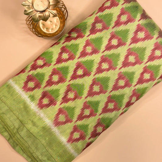 Green & Dark Pink Mulberry Silk Pochampally Ikat Fabric