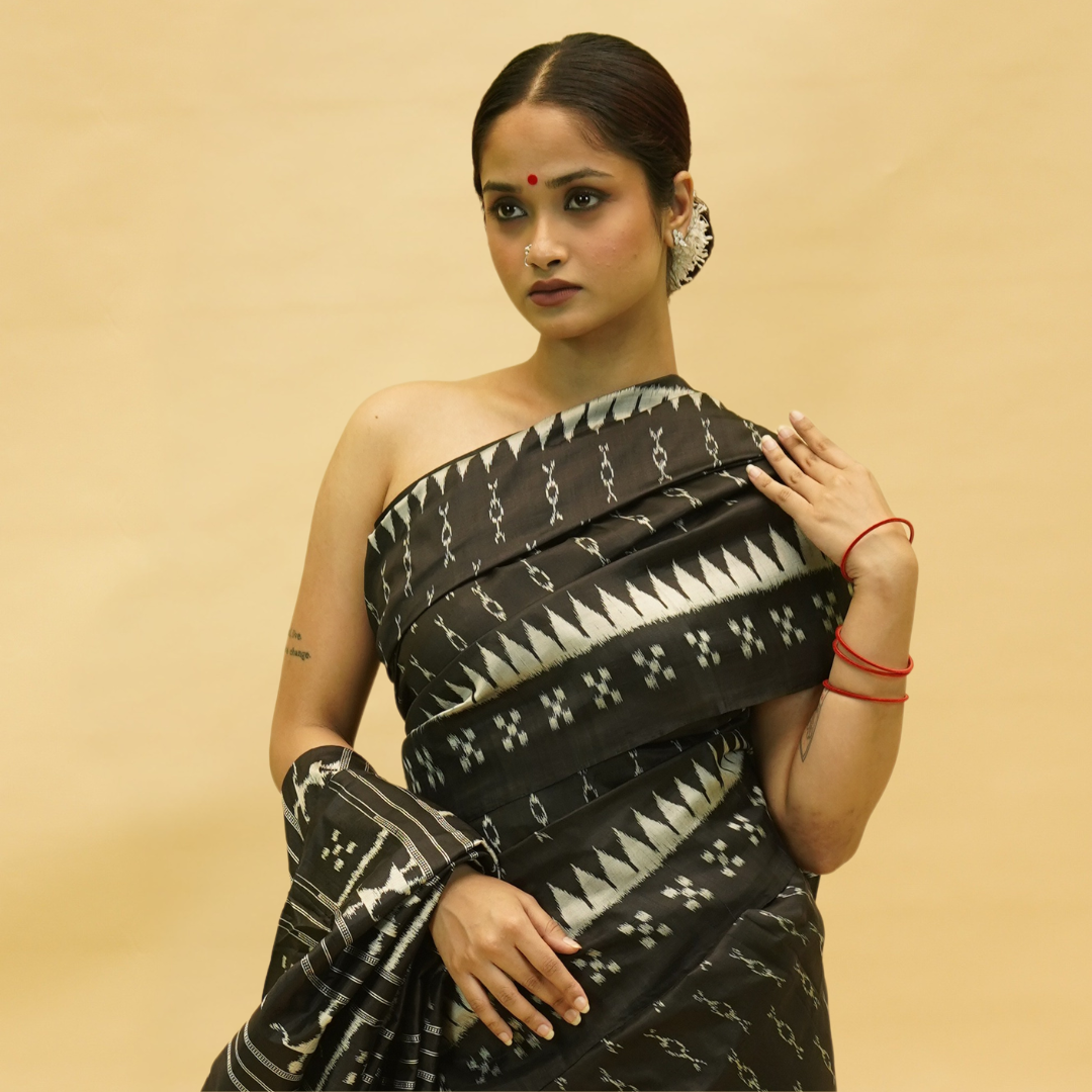 Black Mulberry Silk Sambalpuri Ikat Saree