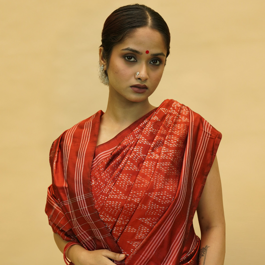 Orangish Red Mulberry Silk Pochampally Ikat Saree
