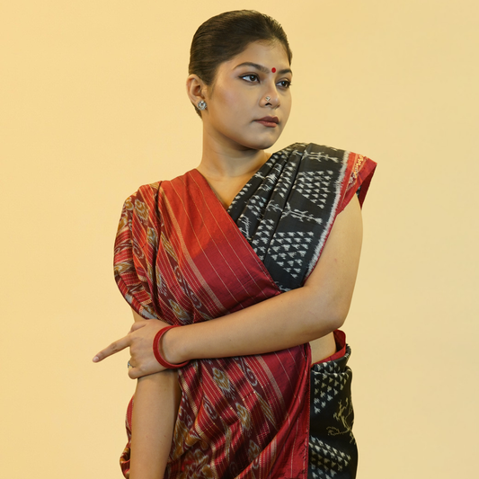 Black & Red Mulberry Silk Odisha Ikat Saree