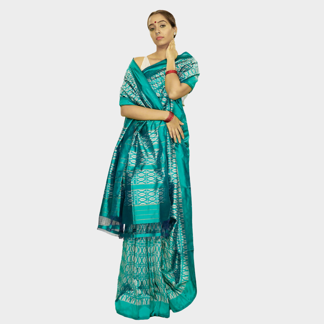 Ikatan Sea Green & Silver Mulberry Silk Pochampally Ikat Saree Ikatan
