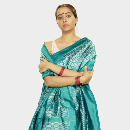 Ikatan Sea Green & Silver Mulberry Silk Pochampally Ikat Saree Ikatan