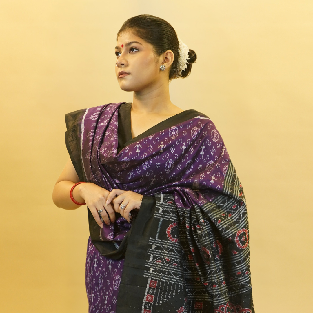 Purple & Black Mulberry Silk Odisha Ikat Saree
