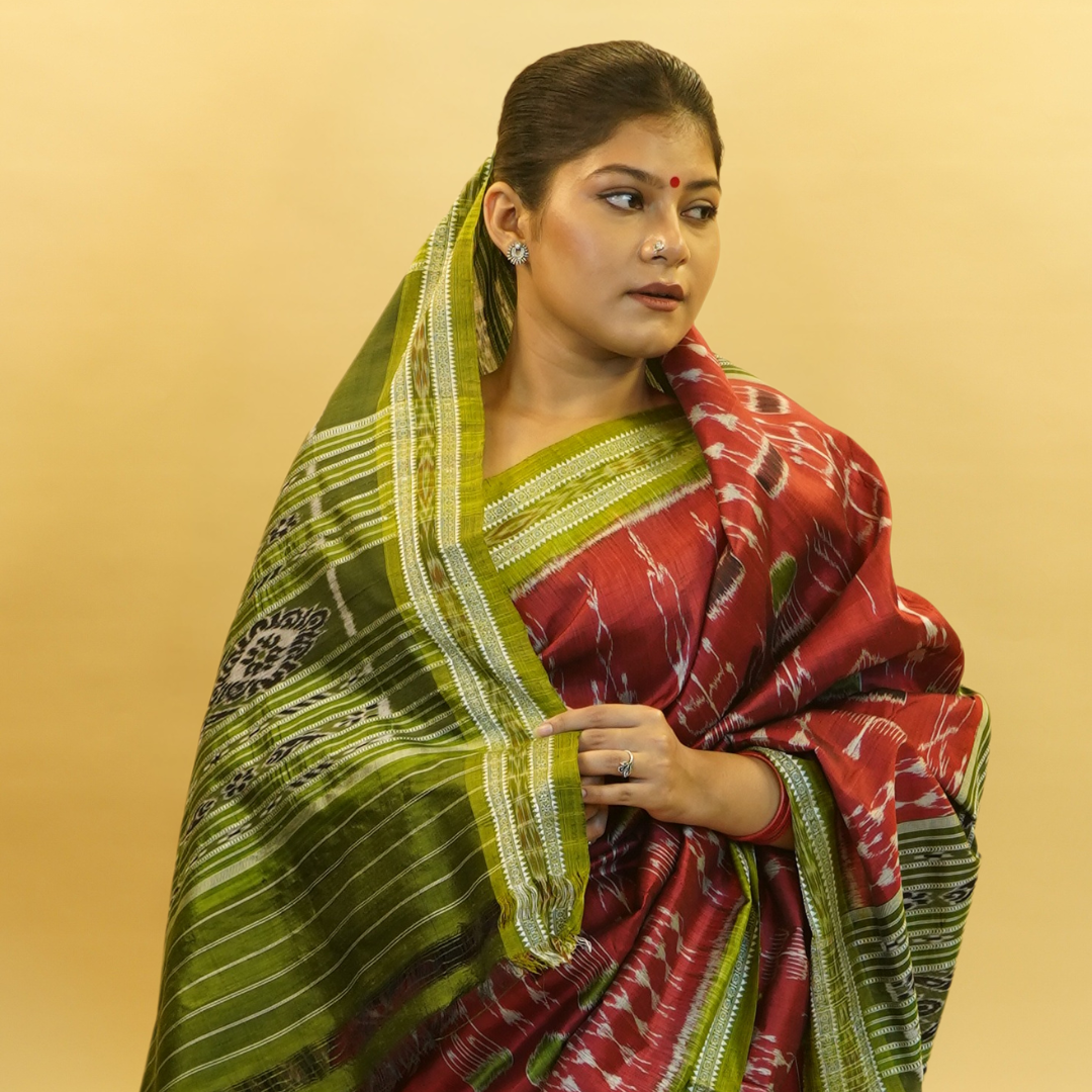Maroon & Green Mulberry Silk Odisha Ikat Saree
