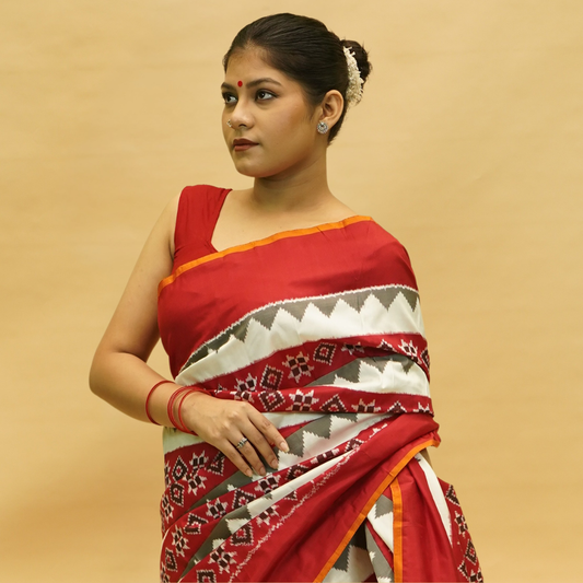Red & White Mulberry Silk Pochampally Double Warp Ikat Saree