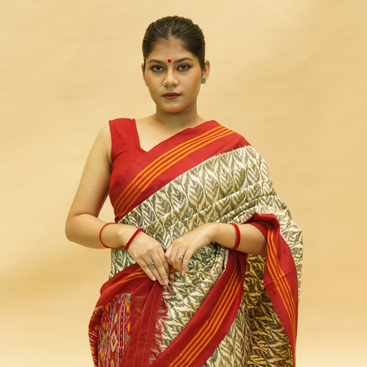 Pearl White & Red Mulberry Silk Pochampally Ikat Saree