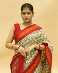 Pearl White & Red Mulberry Silk Pochampally Ikat Saree